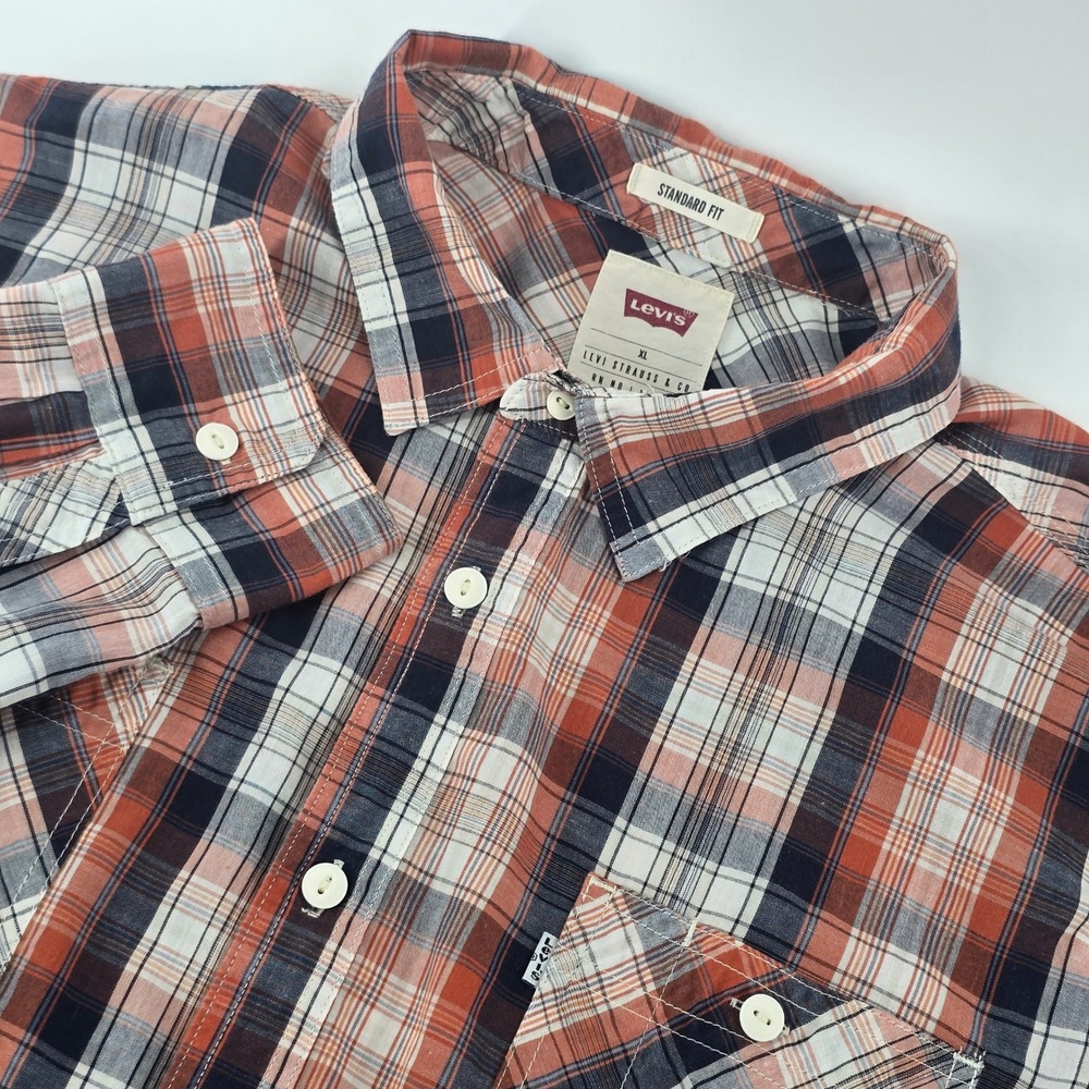 Levi's Button Down Shirt Mens XL Orange Navy Blue Plaid Standard Fit Long Sleeve